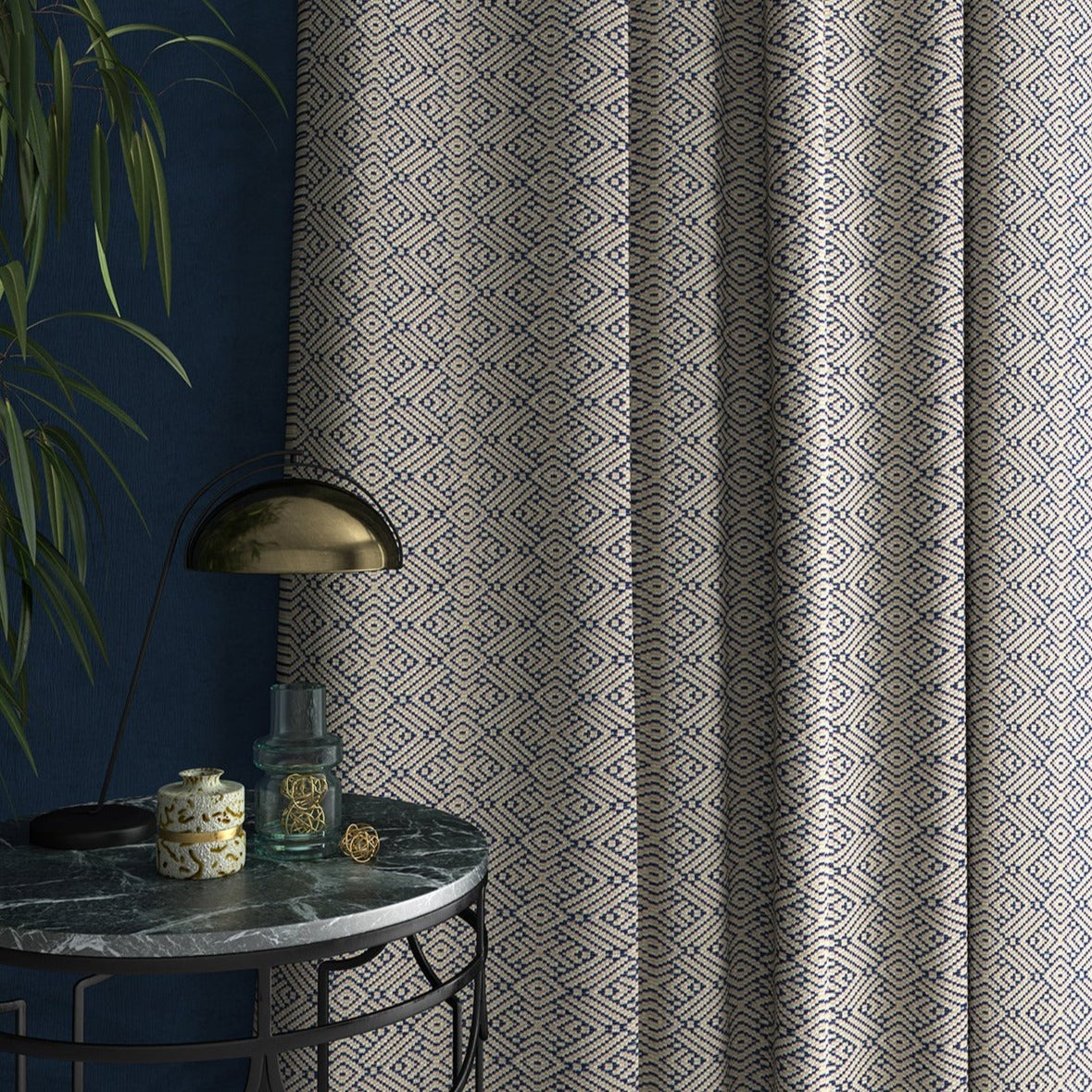 Curtains in a indigo blue geometric weave fabric