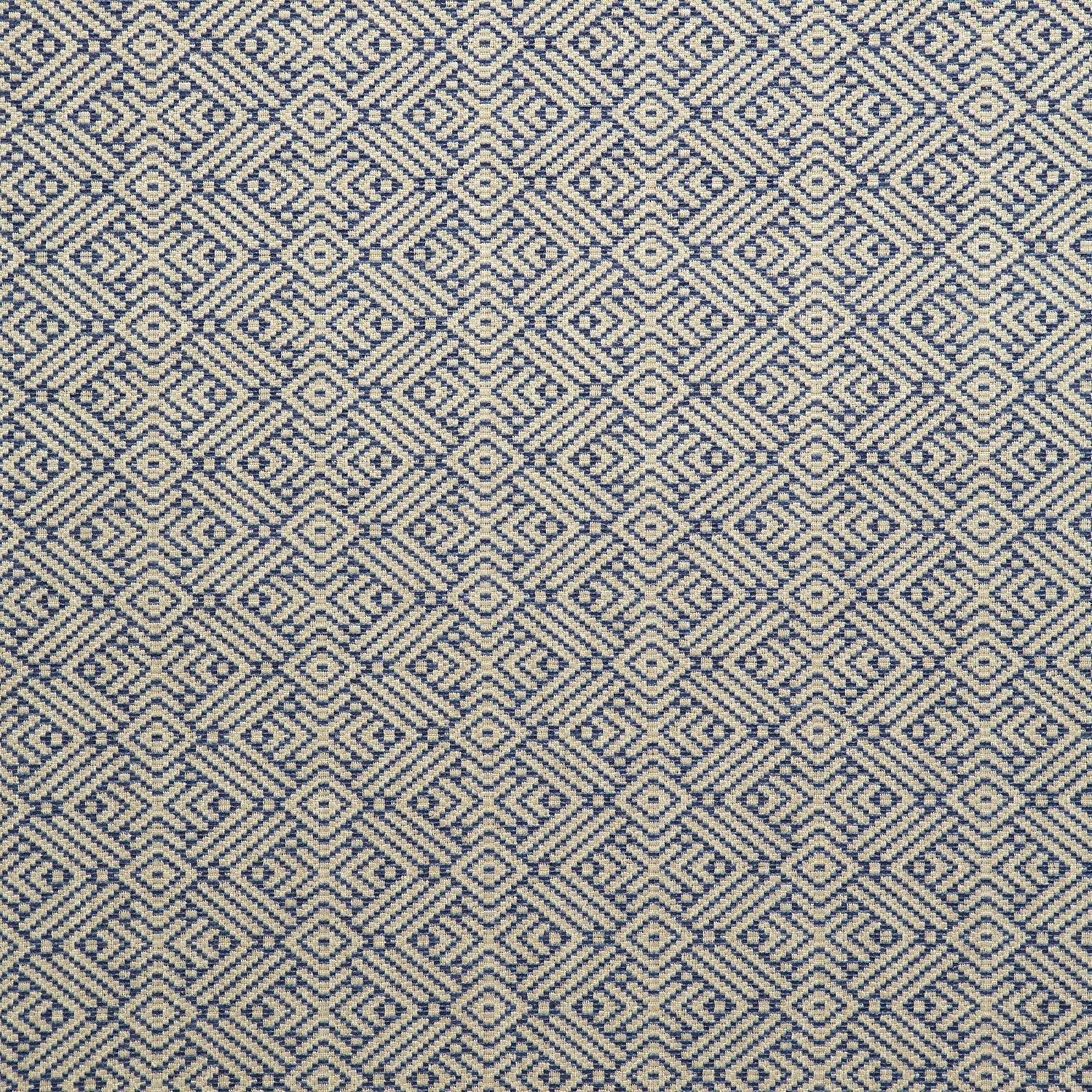 Fabric swatch of a indigo and neutral geometric weave fabric for curtains and upholstery