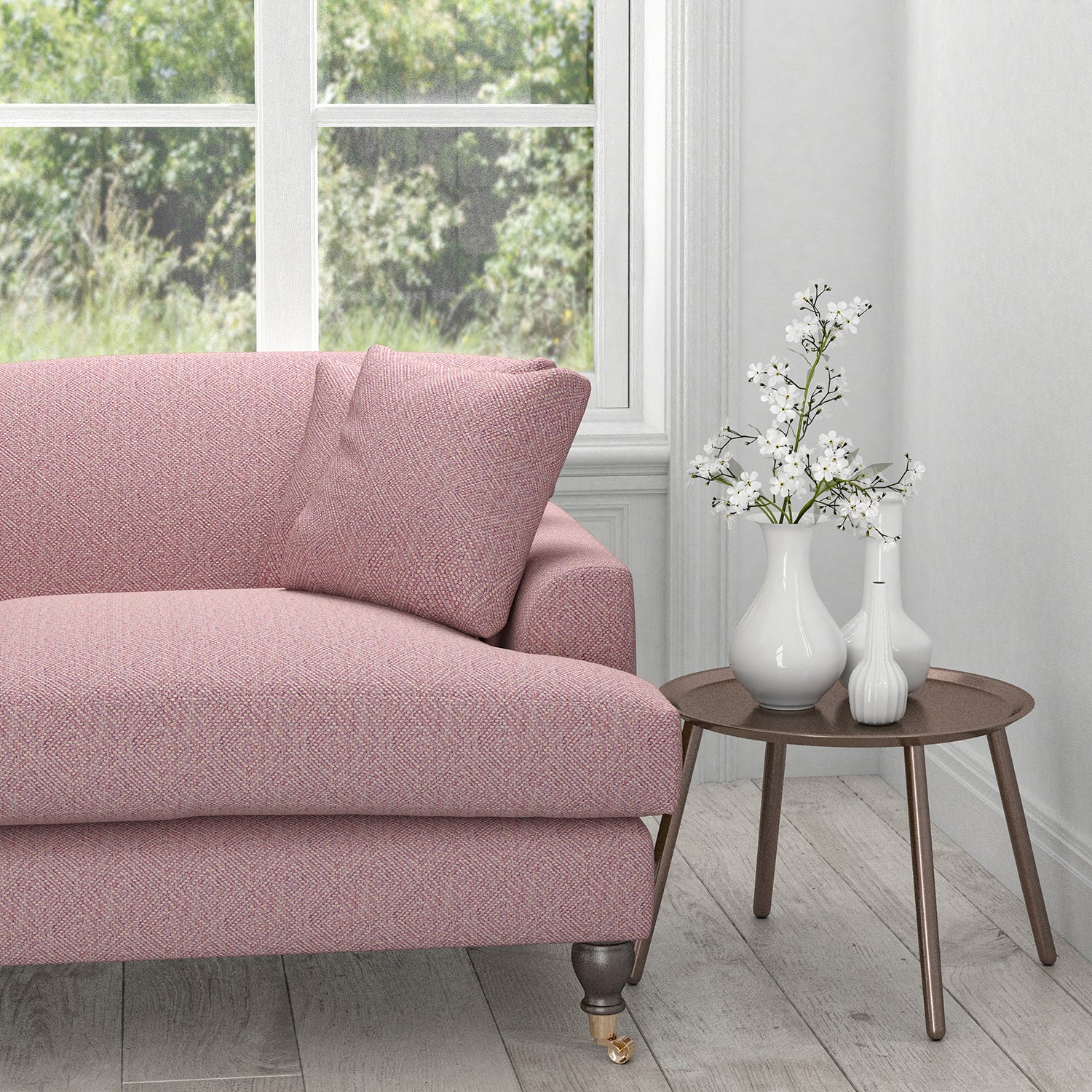 Sofa in a purple upholstery fabric with a geometric woven design