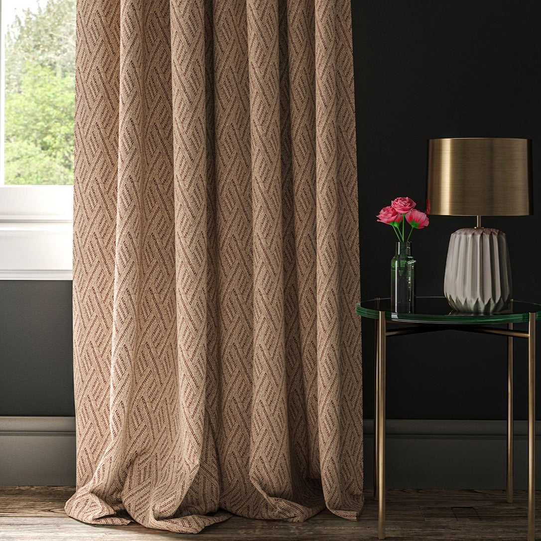 Curtain in a red and neutral geometric weave fabric