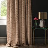 Curtain in a red and neutral geometric weave fabric