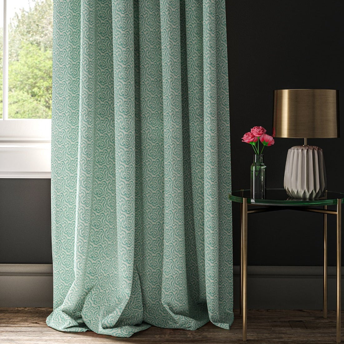 Curtain in a light blue and white wavy geometric weave.