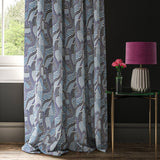 Linen curtain with a contemporary wavy blue design