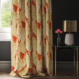 Orange linen curtain with a printed fan design