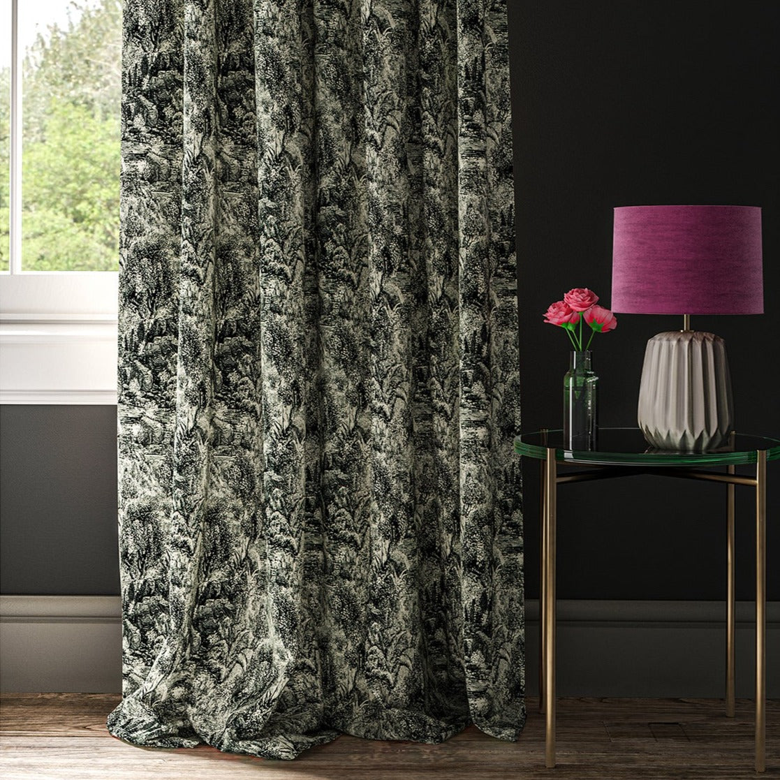 Velvet curtain featuring a scenic/semi tropical design