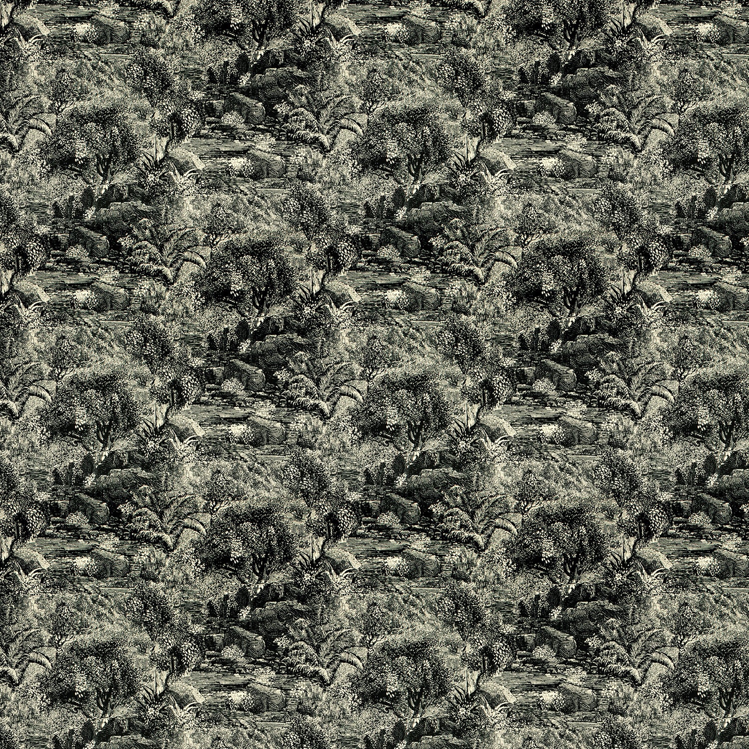 Sample of a luxurious printed velvet featuring a scenic/semi tropical design