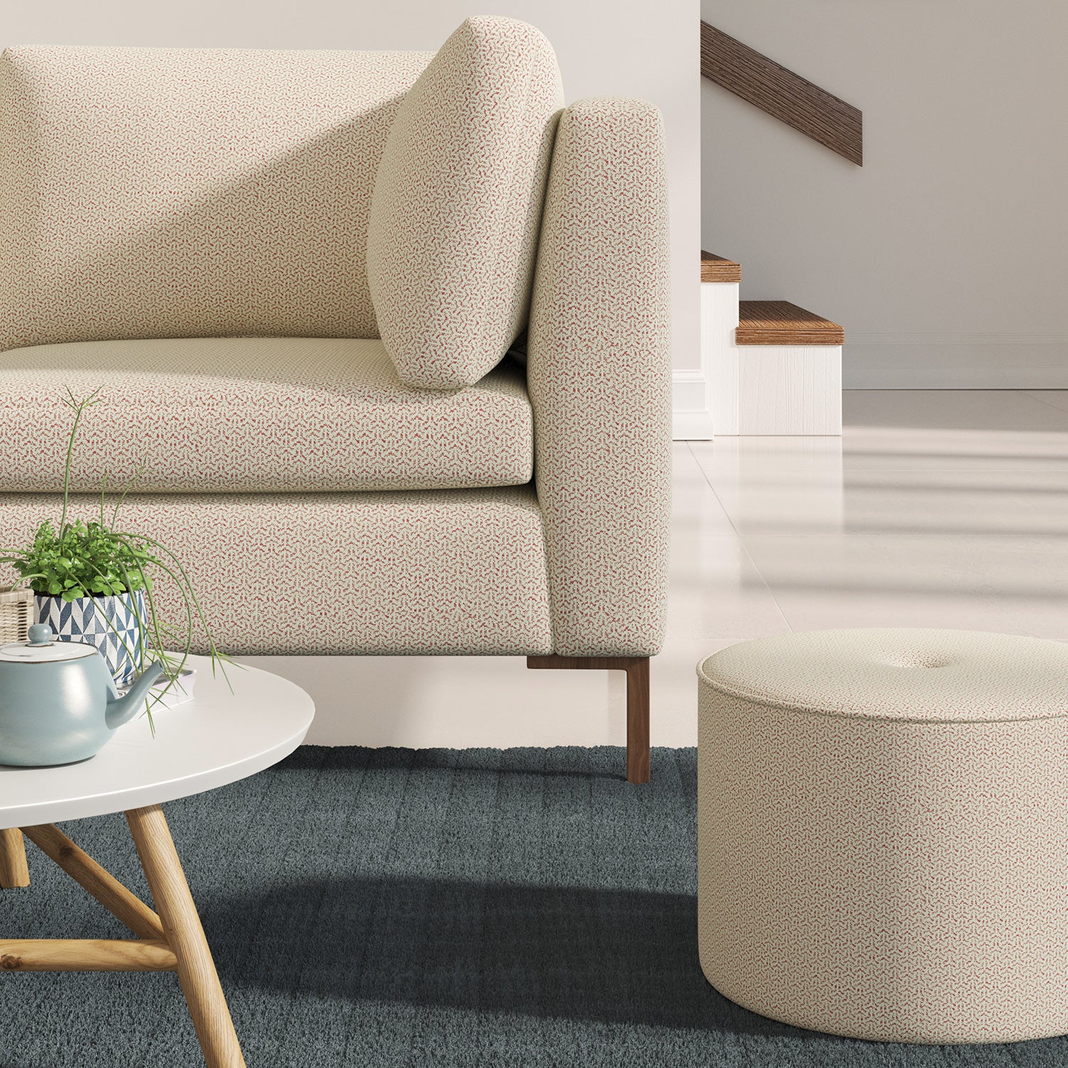 Living room with a contemporary sofa upholstered in a red semi-plain Scandi-style upholstery fabric