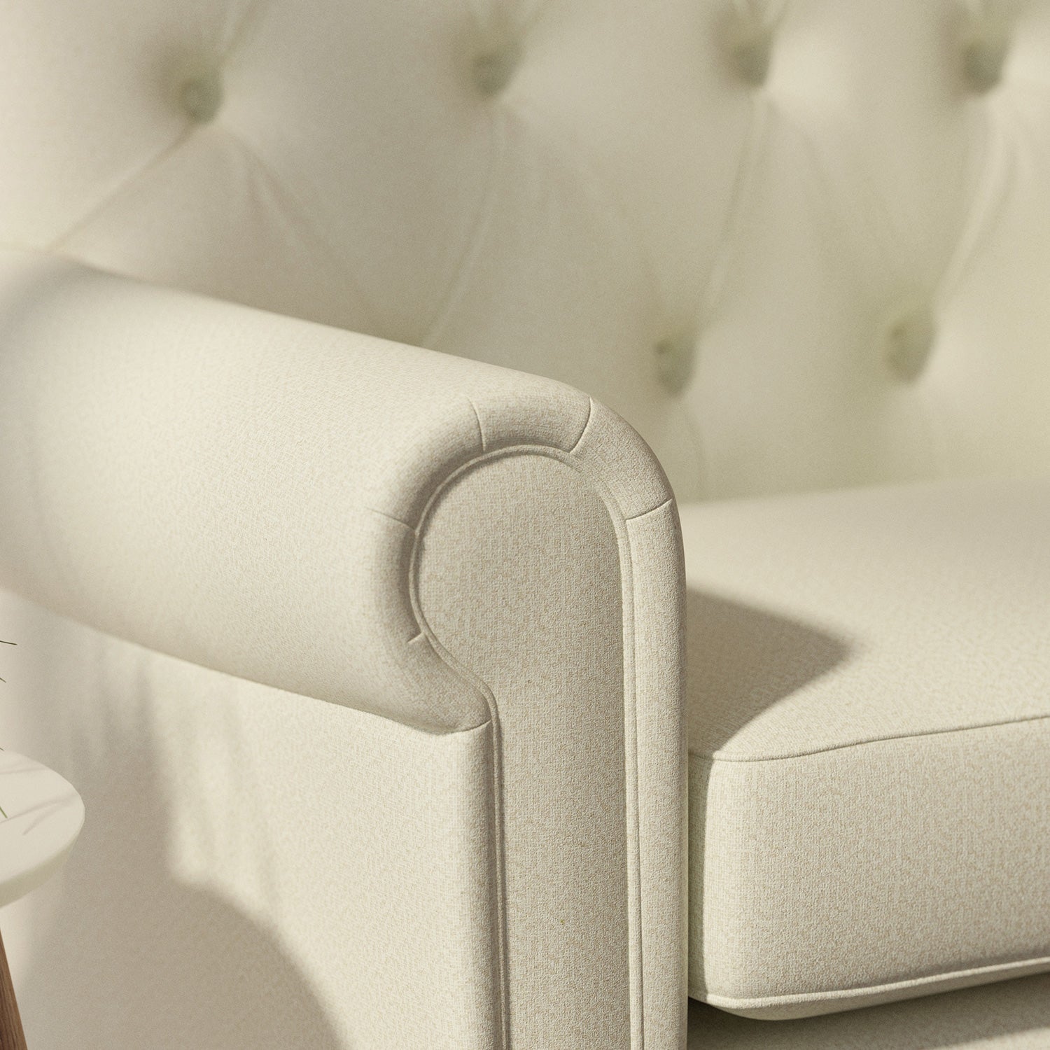 Sofa upholstered in a cream Scandi-style semi-plain upholstery fabric with a stain resistant finish
