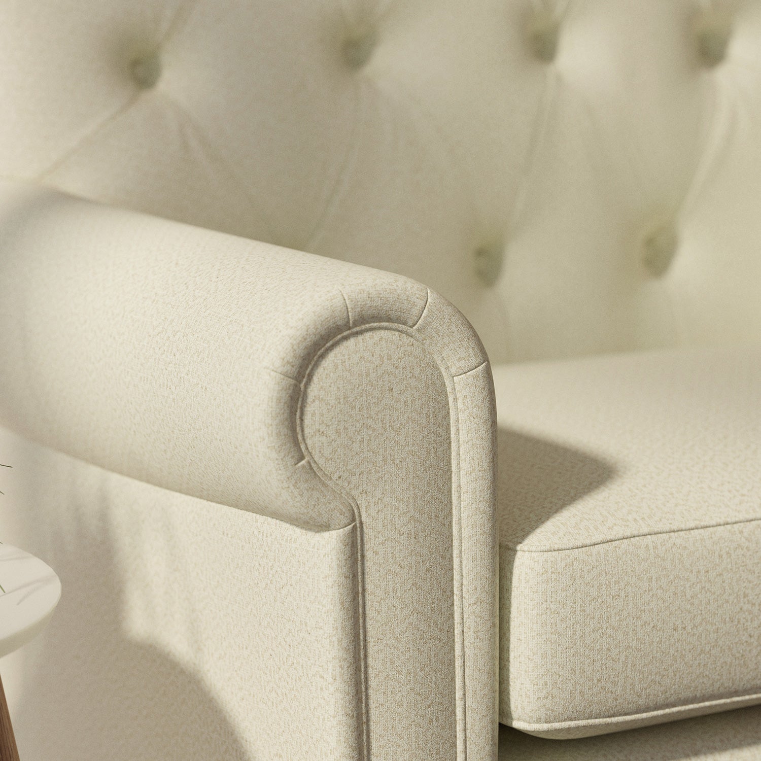 Sofa upholstered in a neutral Scandi-style semi-plain upholstery fabric with a stain resistant finish