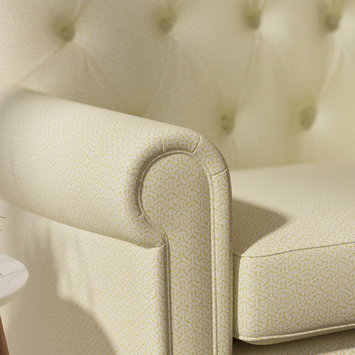 Sofa upholstered in a yellow Scandi-style semi-plain upholstery fabric with a stain resistant finish