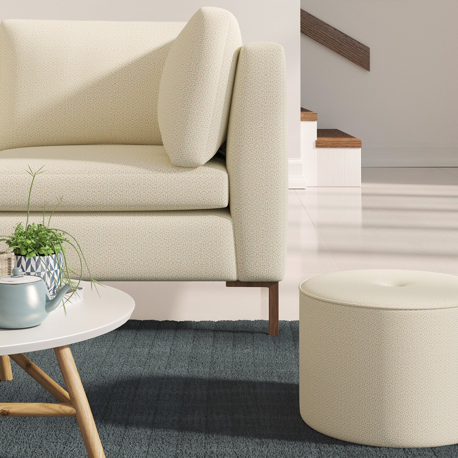 Sofa upholstered in a orange Scandi-style semi-plain upholstery fabric with a stain resistant finish