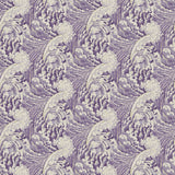 Fabric swatch of a purple velvet fabric with wave design, suitable for curtains and upholstery and with a stain resistant finish