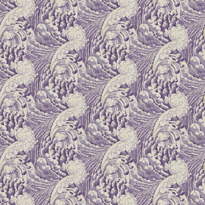 Fabric swatch of a purple velvet fabric with wave design, suitable for curtains and upholstery and with a stain resistant finish