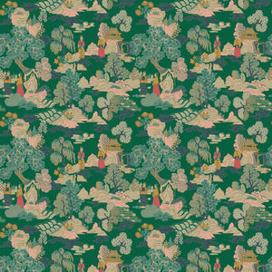 Fabric swatch of a printed velvet fabric featuring a Japanese-style toile in green.