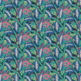 Fabric swatch of a floral-style printed velvet fabric in blues and greens.