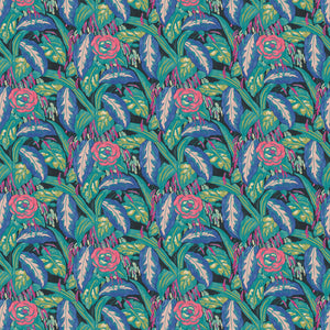 Fabric swatch of a floral-style printed velvet fabric in blues and greens.