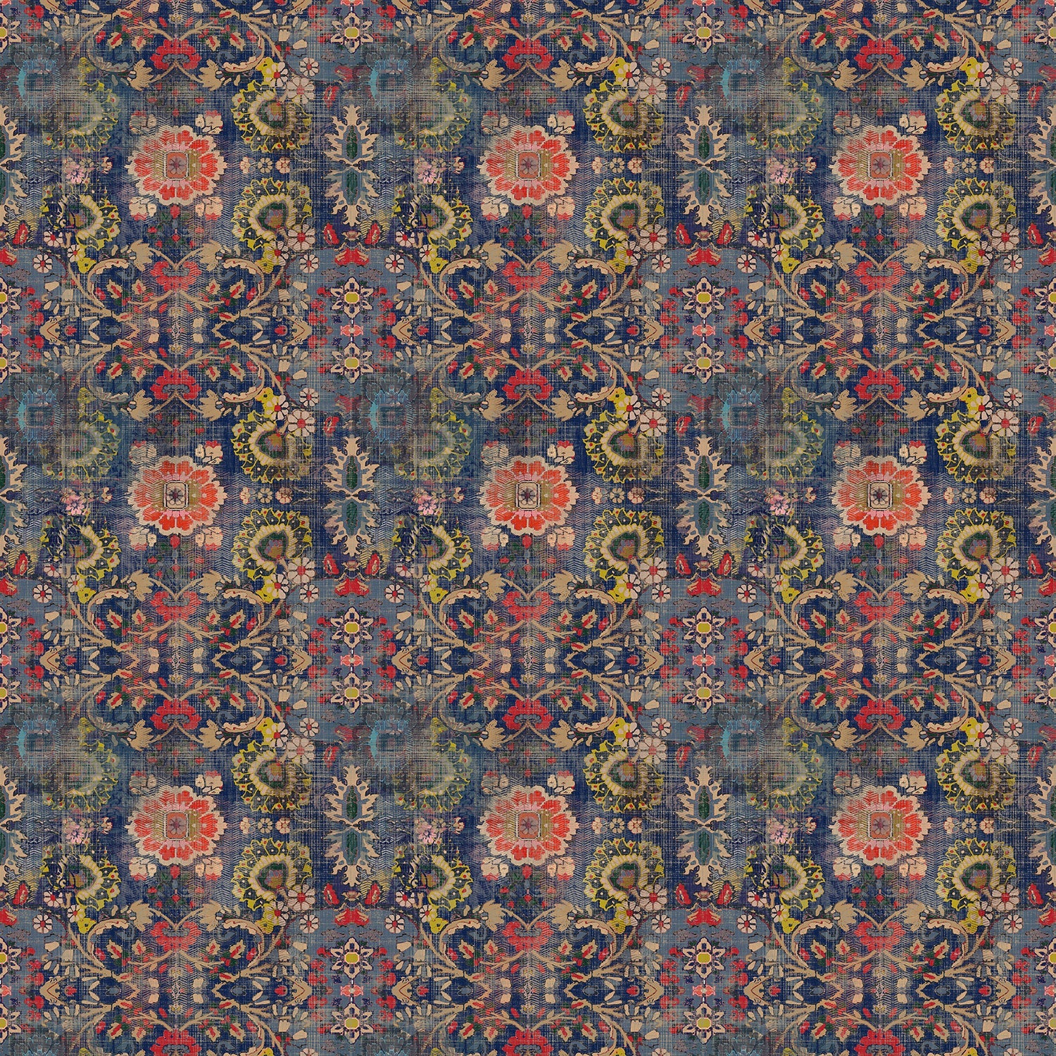 Sample of printed velvet fabric based on a classic Persian rug design.