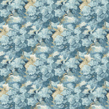 Sample of a printed velvet fabric featuring a classic oak leaf design in Cornflower.