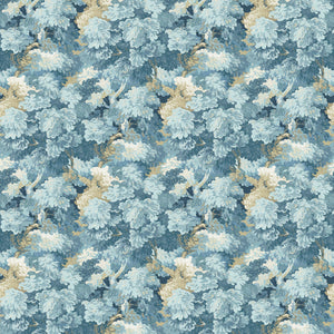 Sample of a printed velvet fabric featuring a classic oak leaf design in Cornflower.