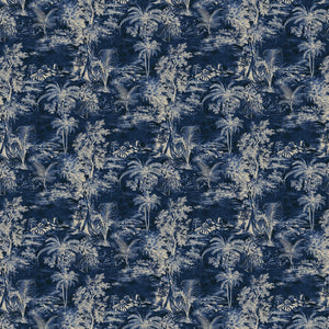 Printed velvet fabric swatch of a rich, tropical-style toile in Indigo.