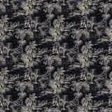 Printed velvet fabric swatch of a rich, tropical-style toile in dark grey.