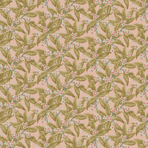 Fabric swatch of a light pink printed velvet fabric with ochre leaves and pretty flowers, suitable for curtains and upholstery and with a stain resistant finish