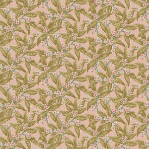 Fabric swatch of a light pink printed velvet fabric with ochre leaves and pretty flowers, suitable for curtains and upholstery and with a stain resistant finish