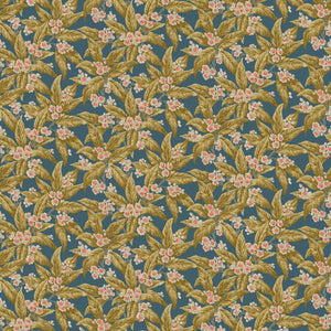 Fabric swatch of a dark blue velvet upholstery fabric with ochre leaves and pretty flowers.