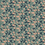 Fabric swatch of a dark blue velvet fabric with blue leaves and pretty flowers, suitable for curtains and upholstery and with a stain resistant finish