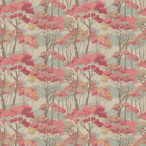 Printed velvet fabric swatch of a pink Japanese tree design.