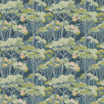 Printed velvet fabric swatch of a blue/green Japanese tree design.