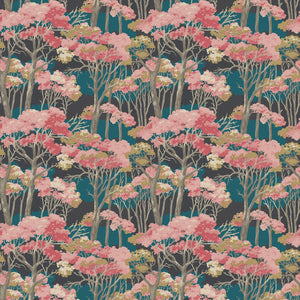 Printed velvet fabric swatch of a pink Japanese tree design.