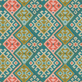 Fabric swatch of a printed velvet fabric featuring a kilim design in teal and peach.