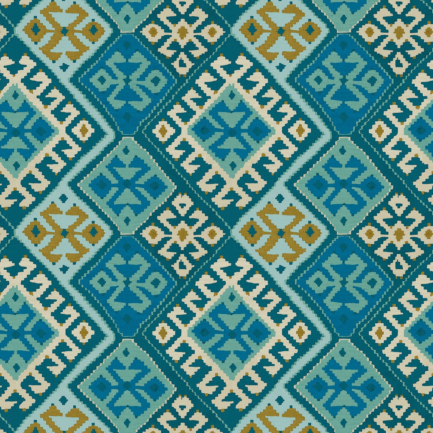 Fabric swatch of a printed velvet fabric featuring a kilim design in blue.