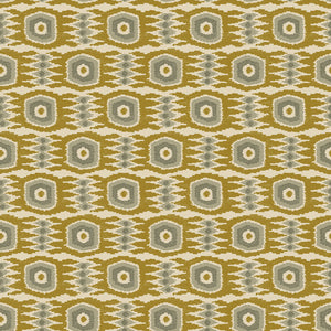 Fabric swatch of a printed velvet fabric featuring a fun, jazzy pattern in Ochre. 