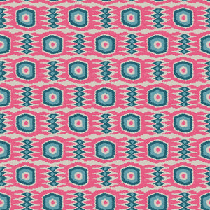 Fabric swatch of a printed velvet fabric featuring a fun, jazzy pattern in Candy Pink. 
