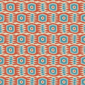 Fabric swatch of an abstract blue and orange stain resistant velvet upholstery fabric.