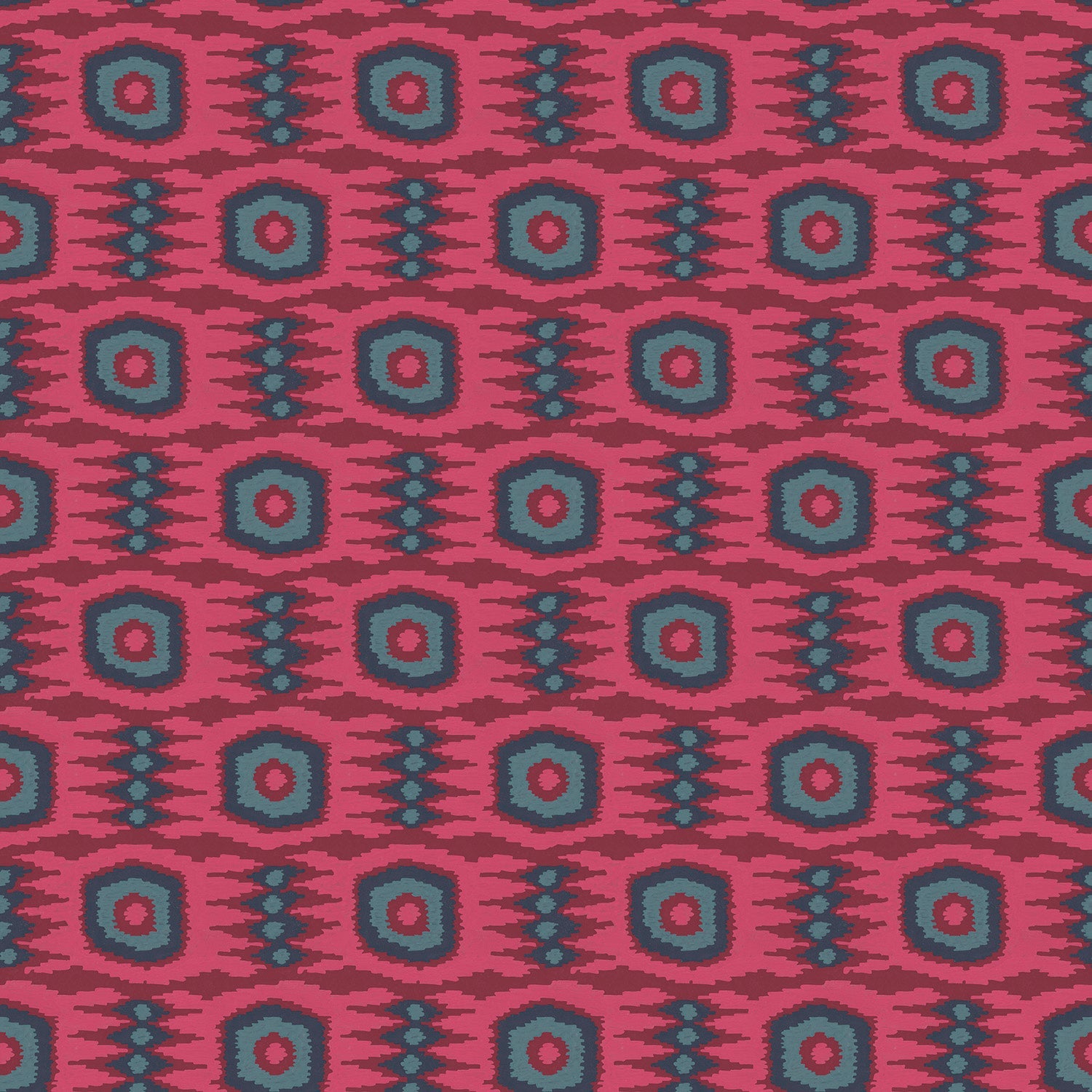 Fabric swatch of a printed velvet fabric featuring a fun, jazzy pattern in Berry. 
