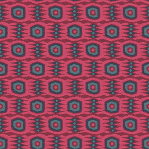 Fabric swatch of a printed velvet fabric featuring a fun, jazzy pattern in Berry. 