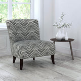 Chair upholstered in a stain resistant grey herringbone weave upholstery fabric