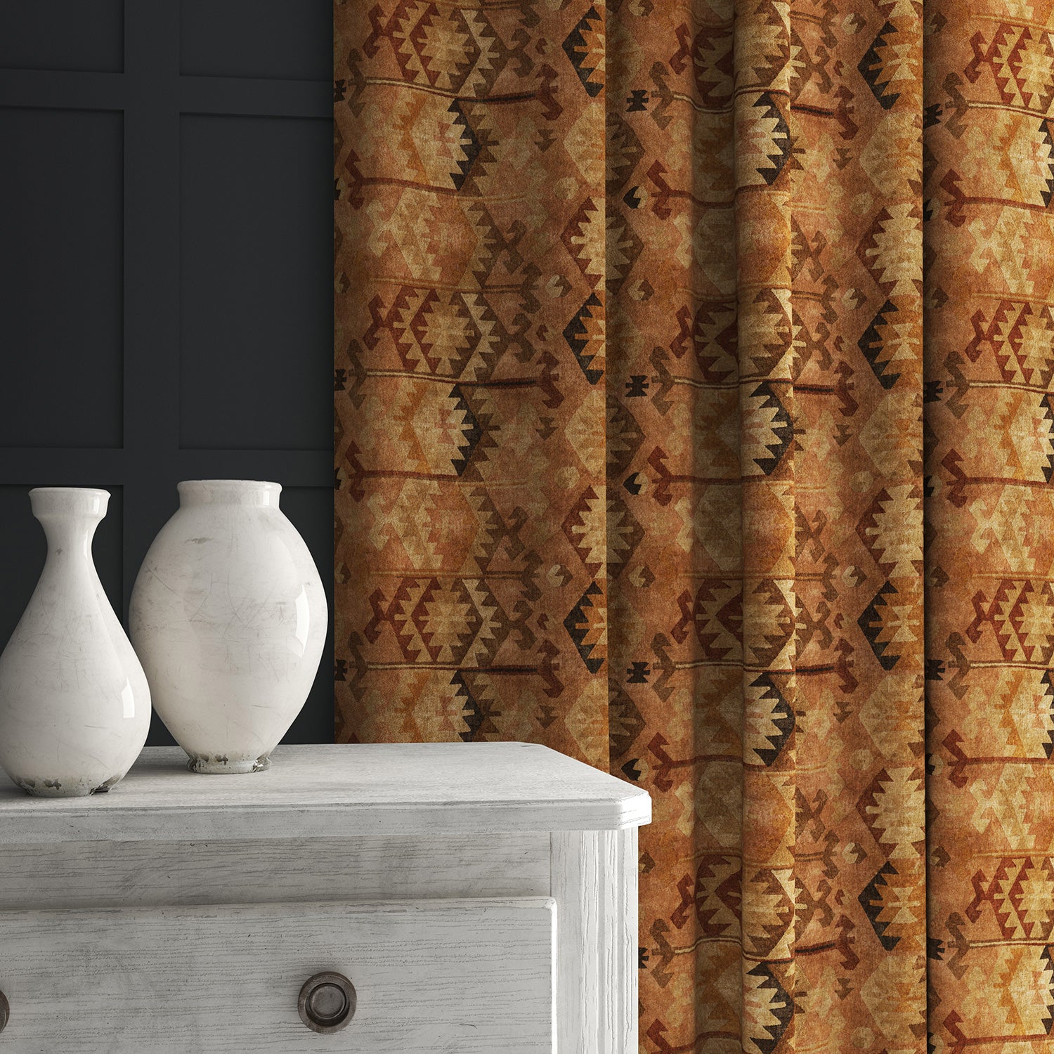 Velvet curtain in a brown velvet fabric with a brown kilim design