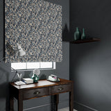 Velvet blind in a velvet fabric with a abstract blue design