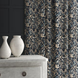Velvet curtain in a velvet fabric with a abstract blue design