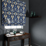 Velvet blind in a blue velvet fabric with contemporary abstract design