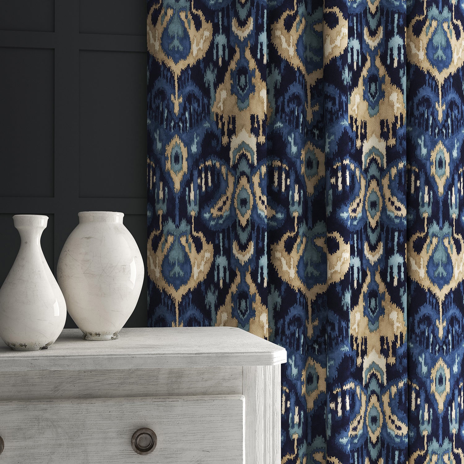 Velvet curtain in a blue velvet fabric with contemporary abstract design