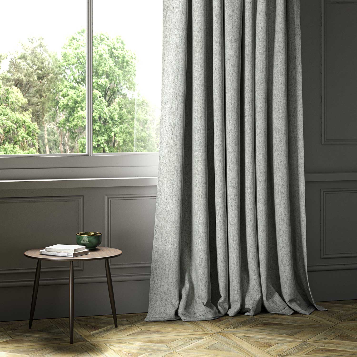 A grey woven fabric shown as a curtain.