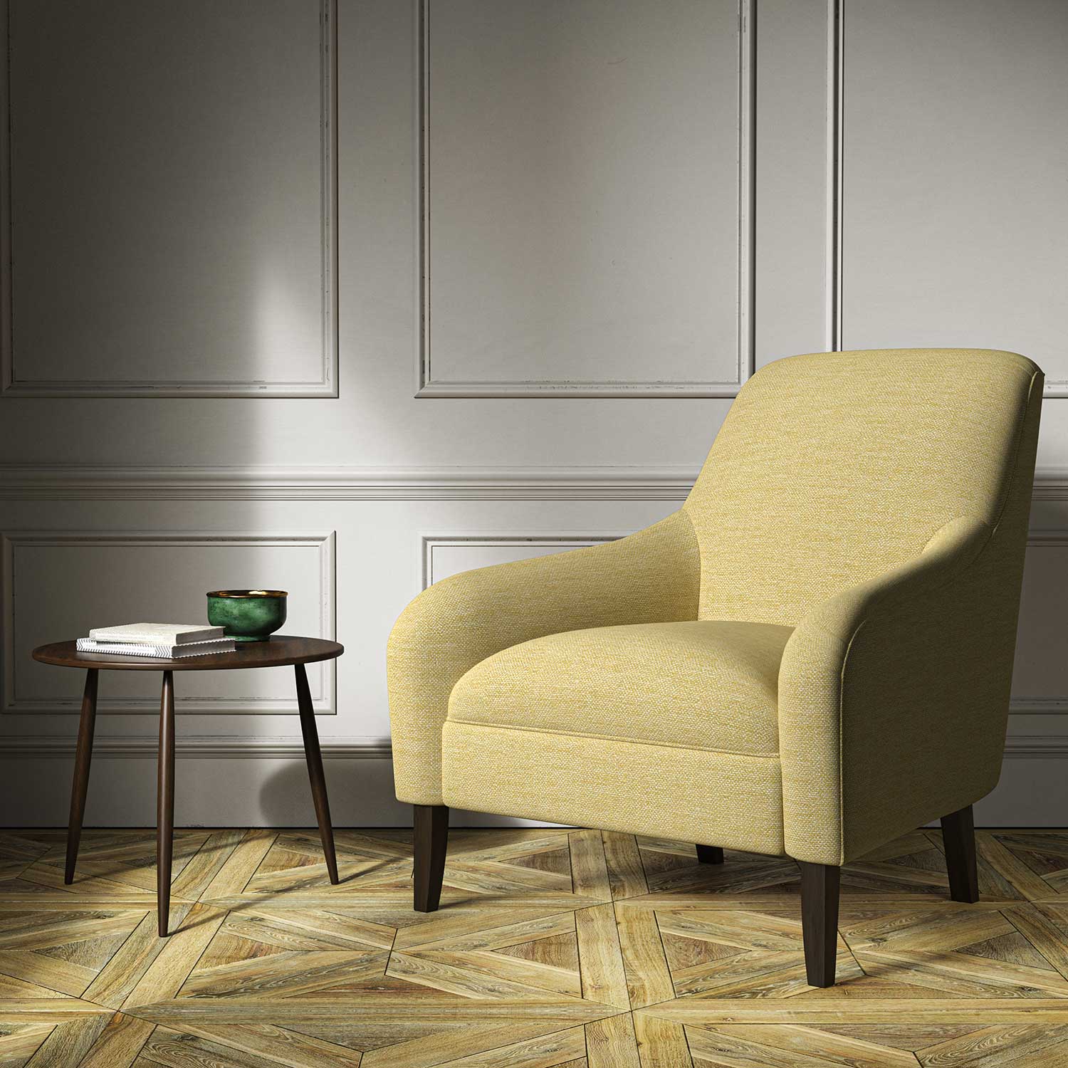 Armchair upholstered in a gold woven fabric