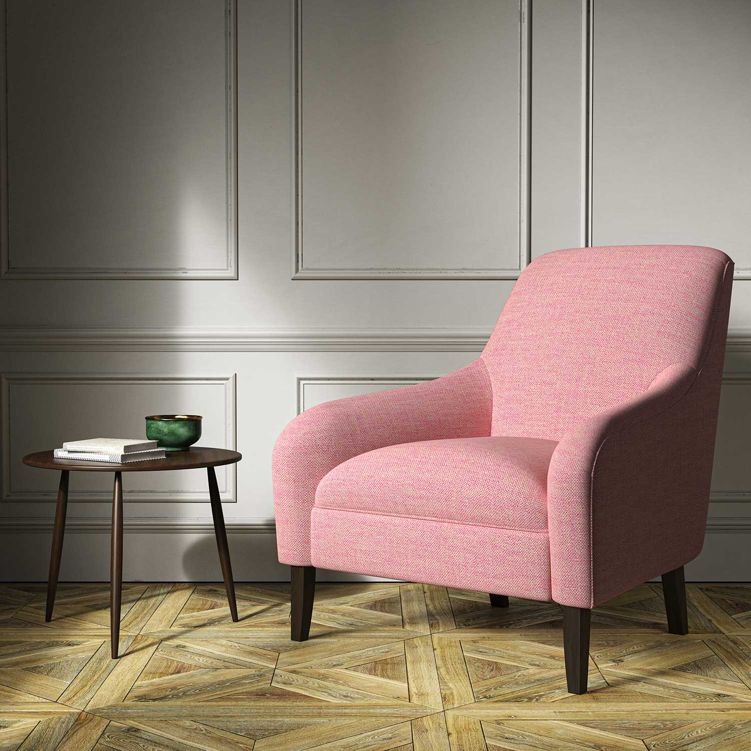 Chair upholstered in a plain pink weave fabric