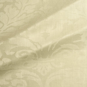 Fabric swatch of a contemporary damask fabric in a light green colour for upholstery and curtains.