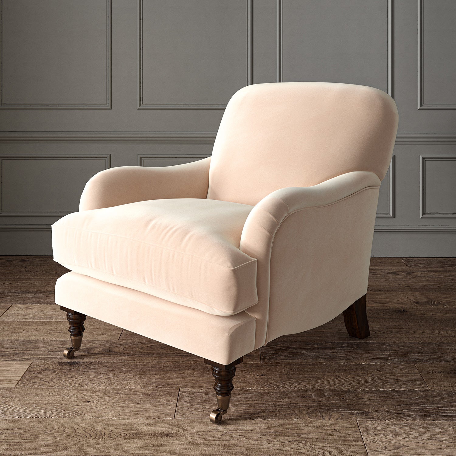 Cream eco velvet upholstery fabric on an armchair
